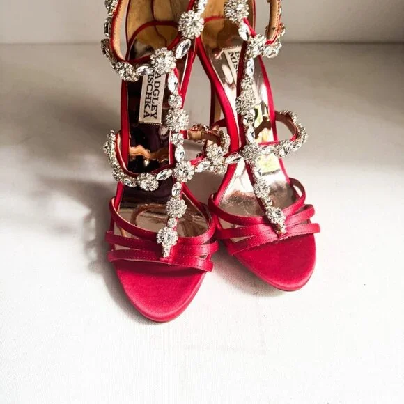 Badgley Mischka coral red satin rhinestone  cocktail heels shoes 5.5 - Picture 3 of 10